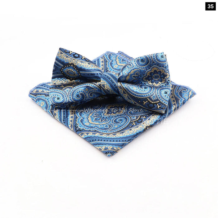 Blue Paisley Bowtie Set Polyester Skinny Pocket Square