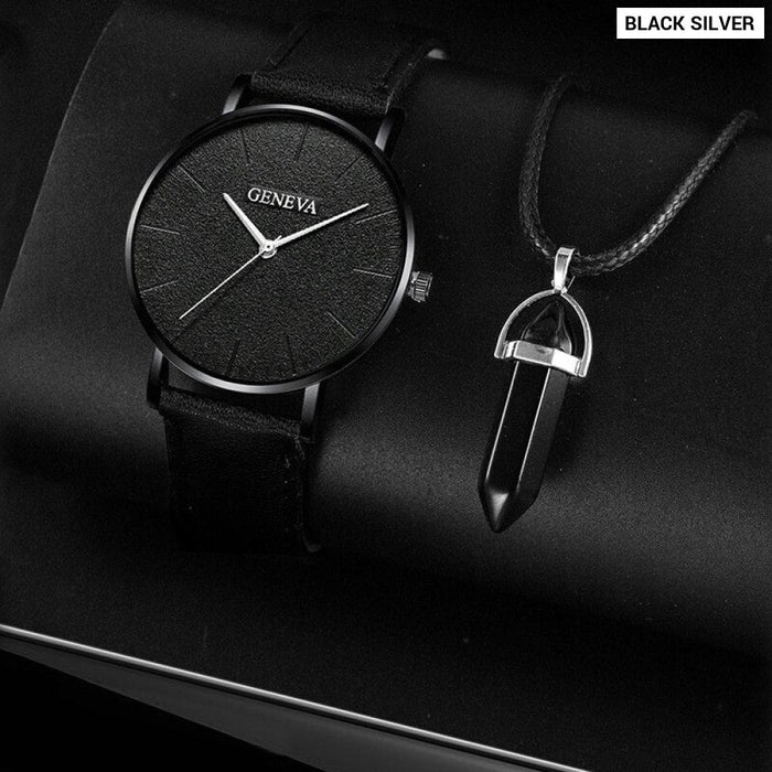 2PCS Set Fashion Mens Leather Watches Simple Men Business Mesh Belt Quartz Watch Male Casual Necklace Wristwatch