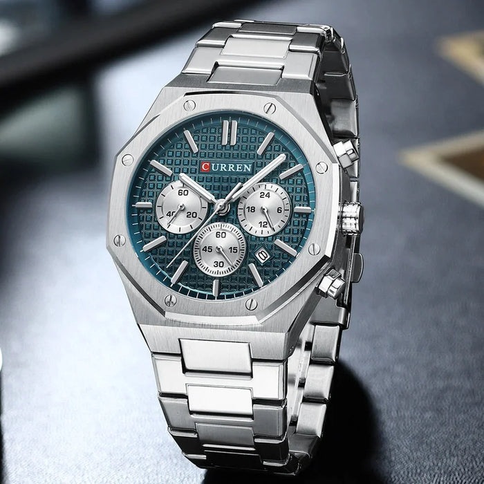 Fashion Casual Stainless Steel Band Quartz Wristwatches With Chronograph Waterproof Men's Watches