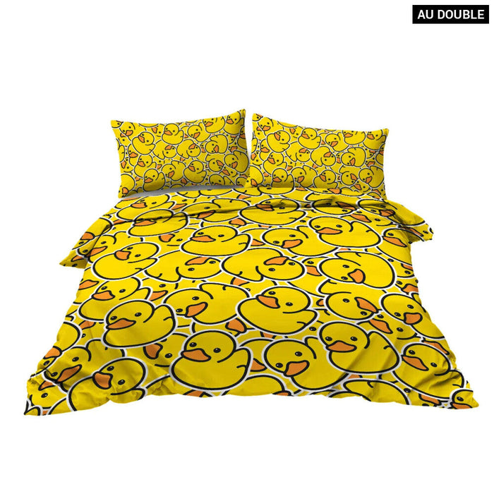 3 Piece Yellow Duck Design Bedding Set Duvet Cover With 2 Pillow Shams