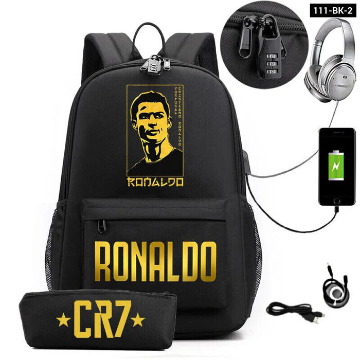 Ronaldo Printed Backpack With Usb And Lock 2 Piece Set