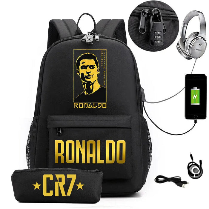 Ronaldo Printed Backpack With Usb And Lock 2 Piece Set