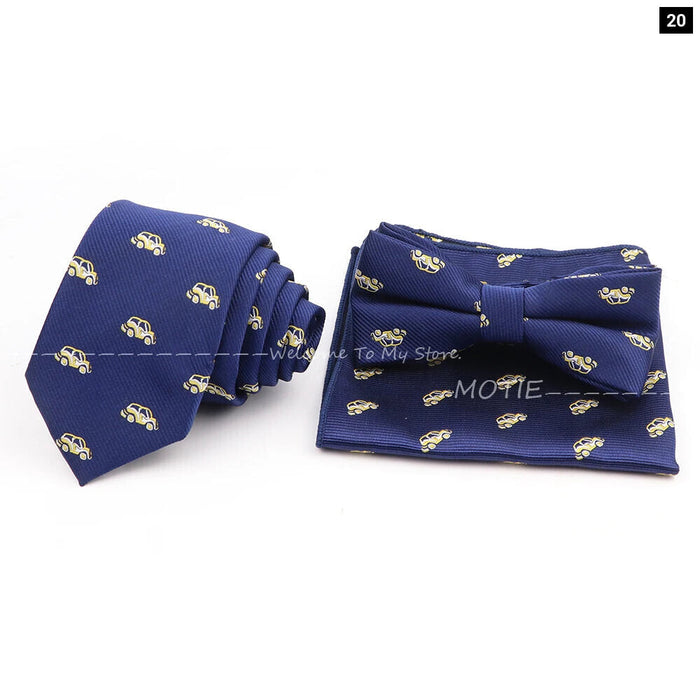 Cartoon Insect Tie Set Blue Bowtie Handkerchief Necktie For Men Business Party Casual Wear Gift