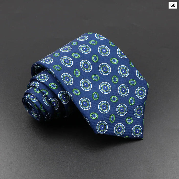 Silk Tie For Men 7.5Cm Soft Novelty Necktie In Blue Green And Orange Dot And Floral Design For Weddings And Business Gift Idea