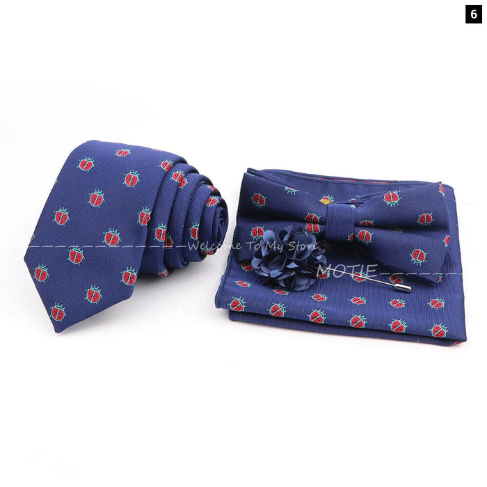 Cartoon Insect Tie Set Blue Bowtie Handkerchief Necktie For Men Business Party Casual Wear Gift