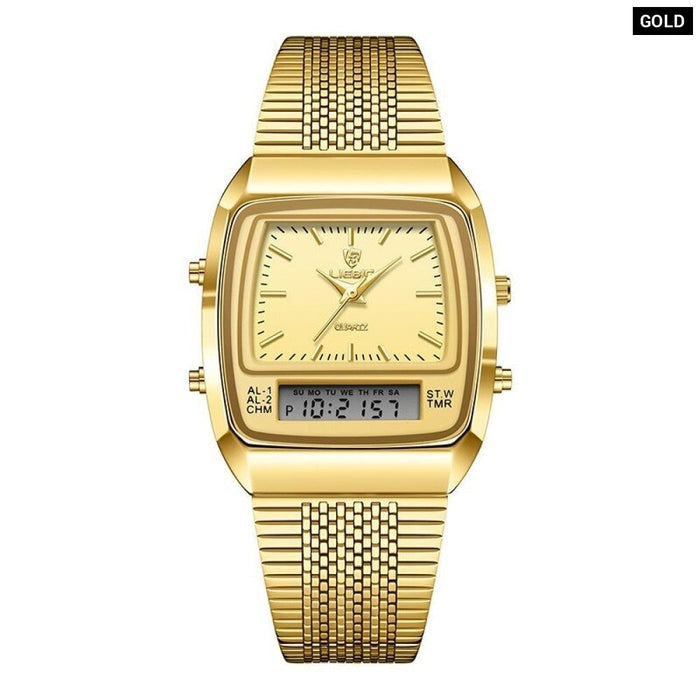 Golden Steel Strap Quartz Sport Watch Mens Dual Time Week Display Digital Wristwatches Waterproof Clock