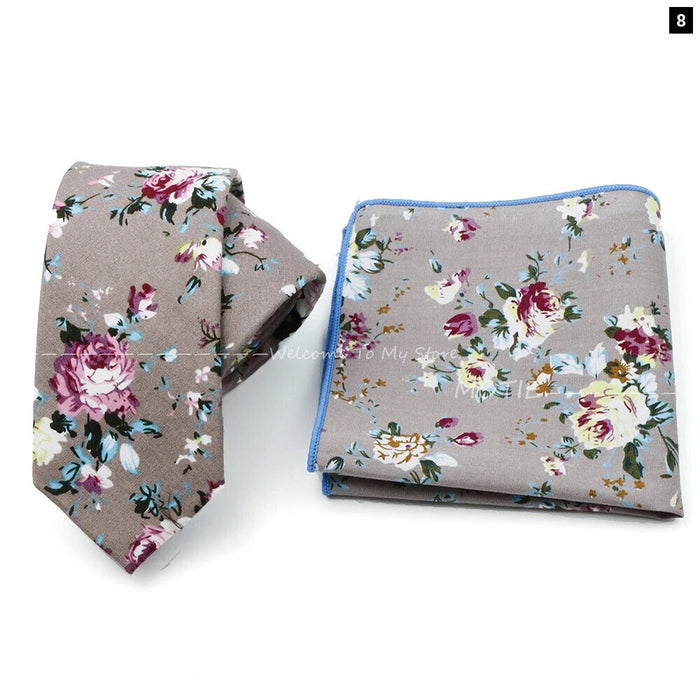 Floral Cotton Ties And Pocket Square Set For Business And Weddings