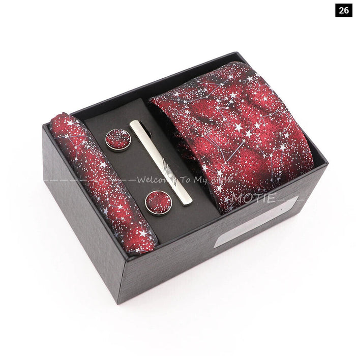 Red Floral Tie Set Gracefully Polyester With Box Pocket Square Cufflink And Tie Clip For Weddings And Gifts