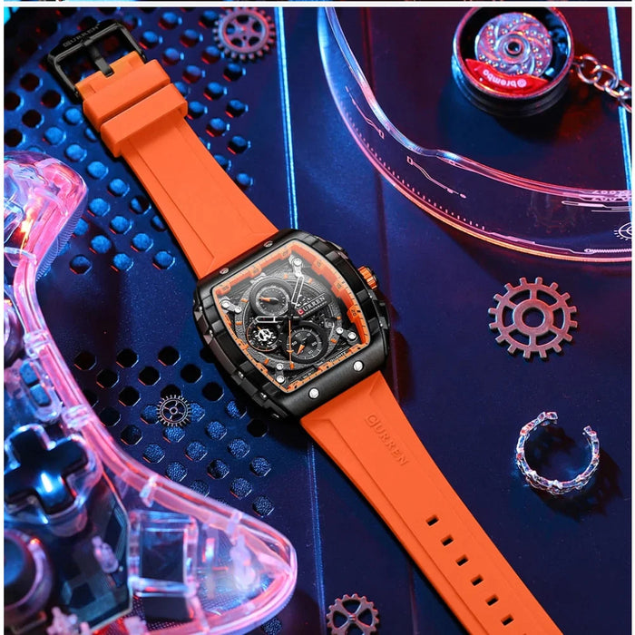 Silicone Straps Quartz Hollow Dial Watches With Auto Date Square Clock Male