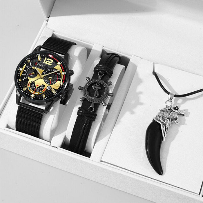 3PCS Fashion Men Calendar Watches Luxury Men Business Steel Mesh Belt Quartz Wristwatch Leather Bracelet Necklace Watch