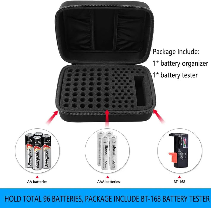 48 Aa/Aaa Battery Organizer Box Tester Holds 96 Batteries 2 Extra Pockets