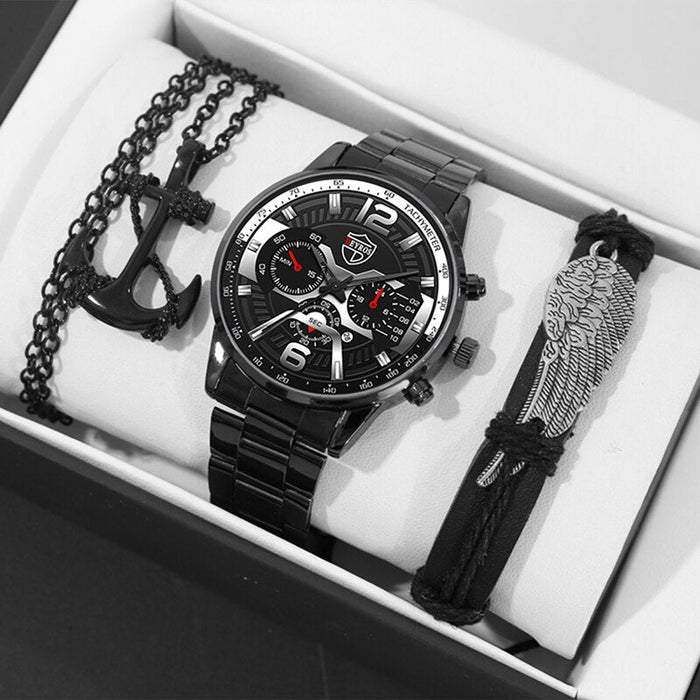 3PCS Luxury Fashion Mens Watches for Men Necklace Bracelet Quartz Wristwatch Male Business Casual Leather Wrist Watch