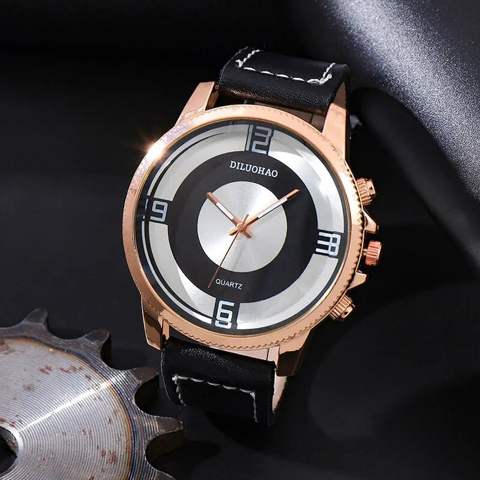 2pcs Black Round Quartz Watch With Pendant Necklace Men Leather Business Casual Watch Fashion For Daily Sports