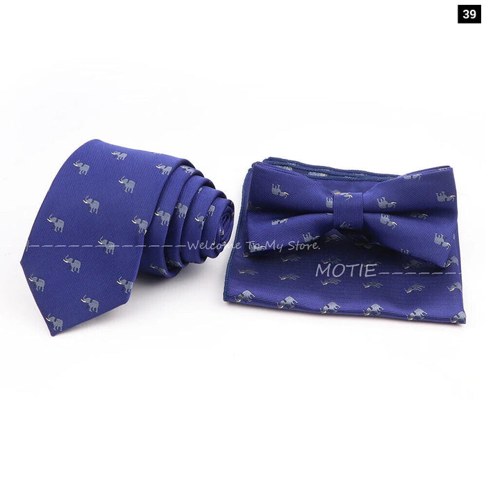 Cartoon Insect Tie Set Blue Bowtie Handkerchief Necktie For Men Business Party Casual Wear Gift