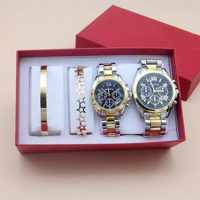 Mens & Womens 4Pcs Quartz Steel Couple Watch Set With Bracelet & Necklace