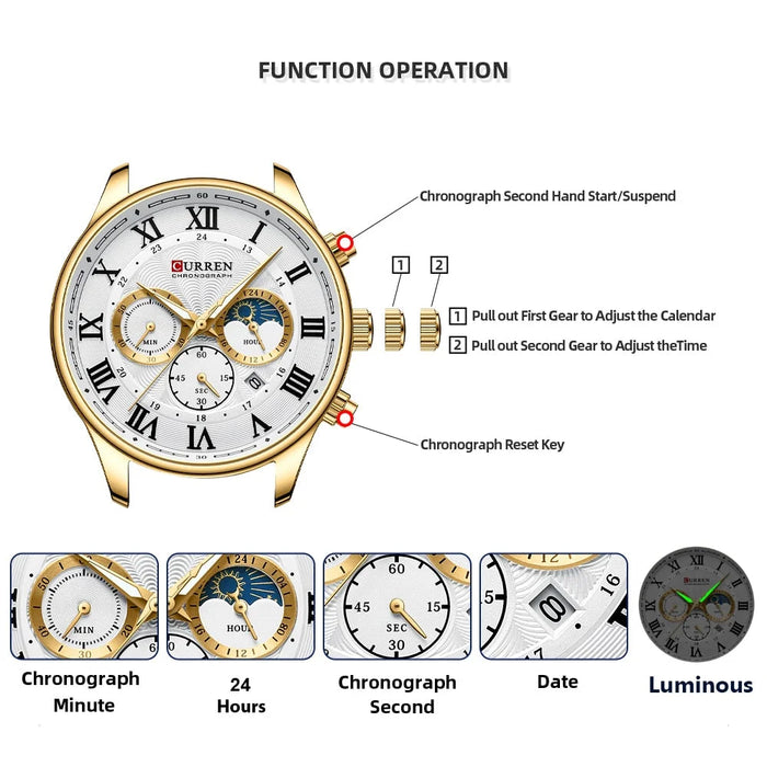 Fashion Casual Quartz Watches For Men Sporty Chronograph Stainless Steel Band Wristwatches Male