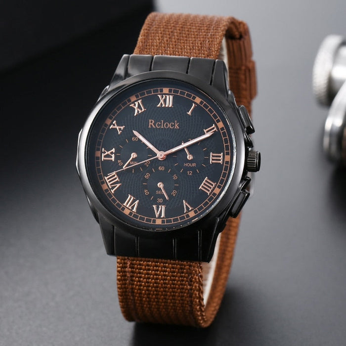 4pcs Brown Nylon Strap Quartz Watch With Bracelet For Men Casual Fashion Round Watch In Daily Sport