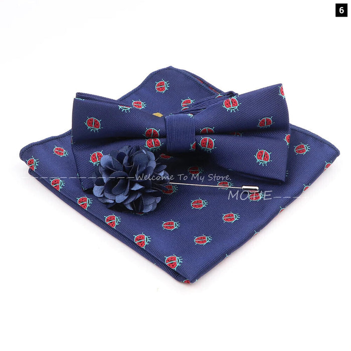 Cartoon Insect Bowtie Set Red Floral Brooches For Men