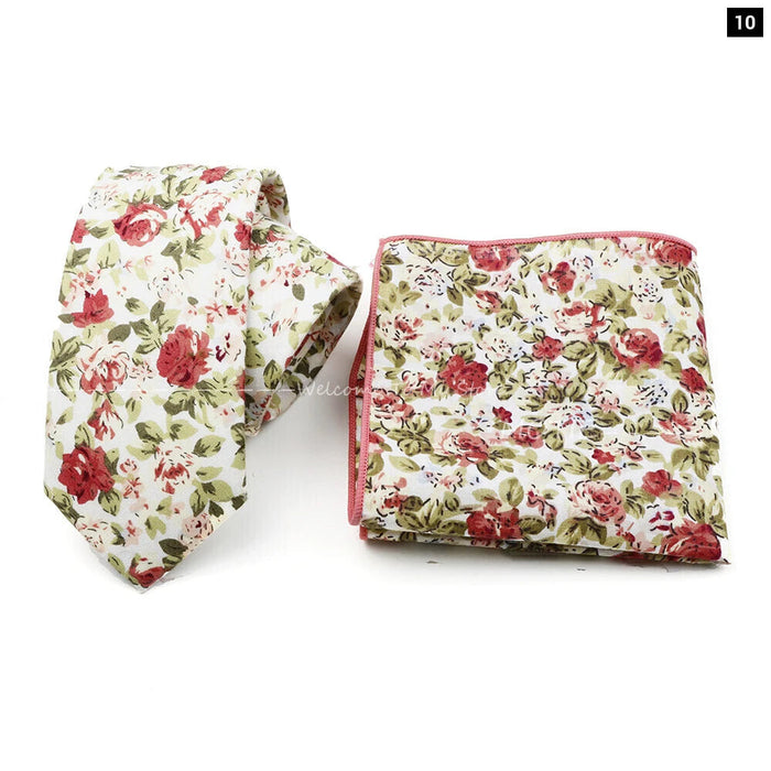 Floral Cotton Ties And Pocket Square Set For Business And Weddings