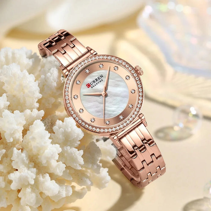 Ladies Quartz Watches With Shells Dial Stainless Steel Bracelet Wristwatch For Women Rhinestones Clock