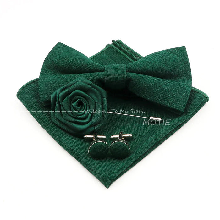 Classic Bowtie Set With Handkerchief Cufflink And Brooch