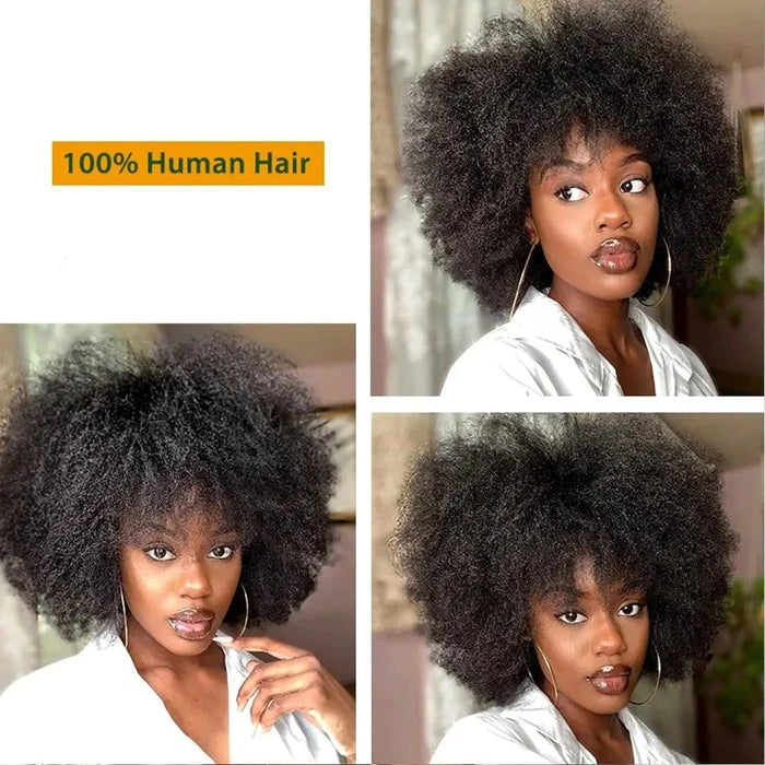 Short Afro Kinky Curly Human Hair Wig With Thick Bangs