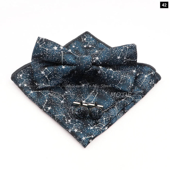 Blue Floral Pocket Square Set Bowtie Cufflink Brooch For Weddings