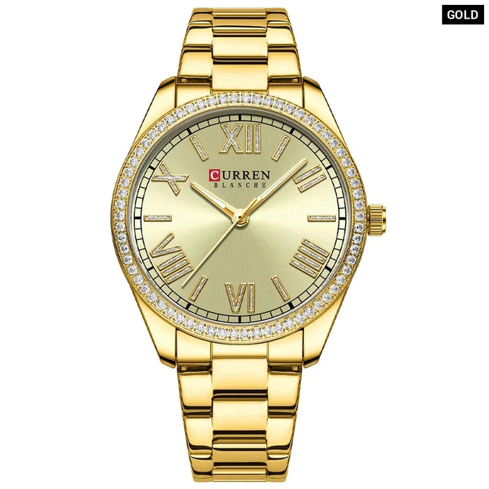 Stainless Steel Rhinestones Roman Numeral Dial Ladies Wristwatches