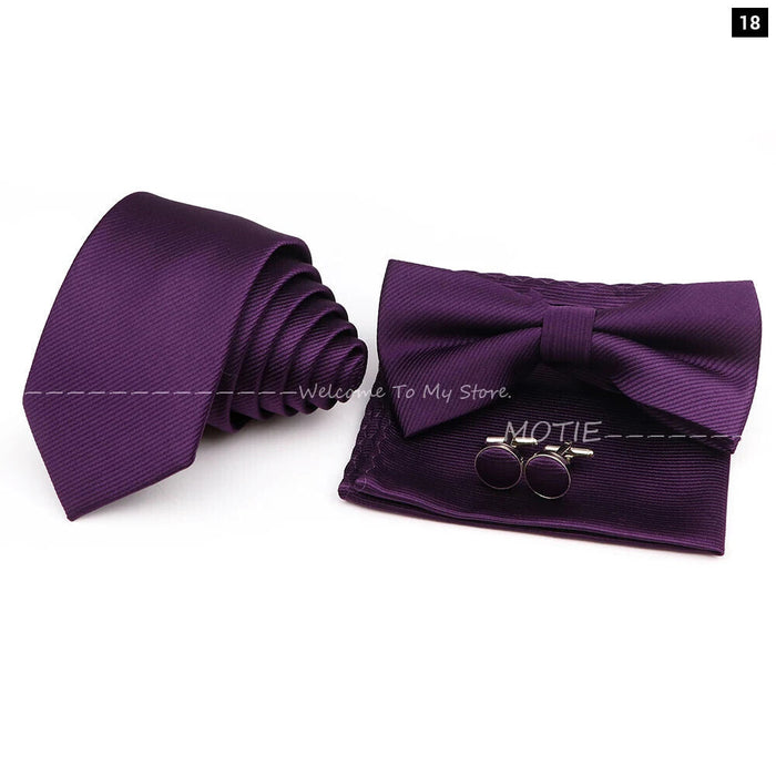 Tie Set Solid Colour Bowtie Handkerchief Brooch Cufflink For Business Weddings And Gifts