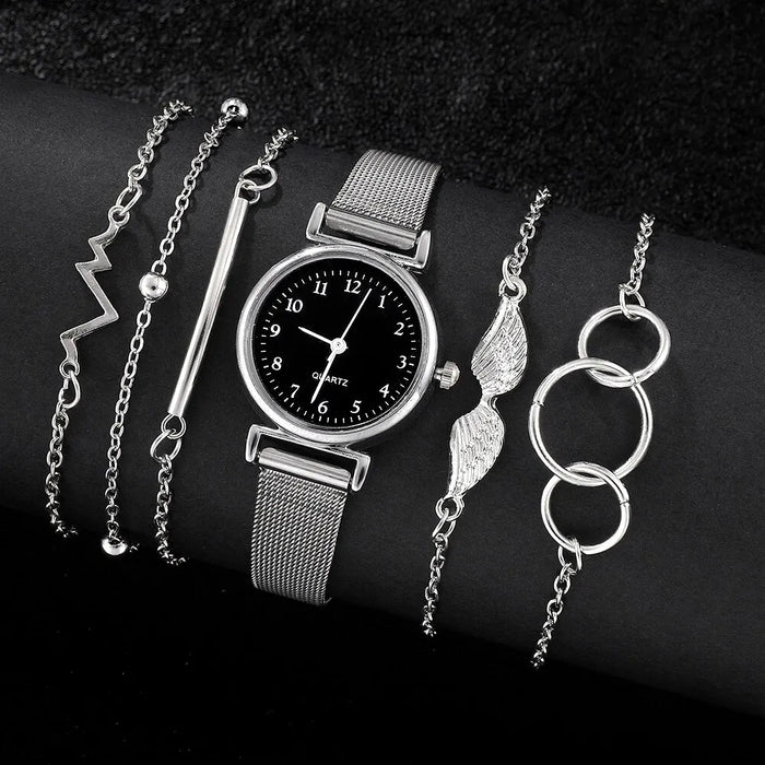 6Pcs Set Women Watches Fashion Ladies Quartz Watch Bracelet Set Silvery Mesh Luxury Women Watches Dress Clock