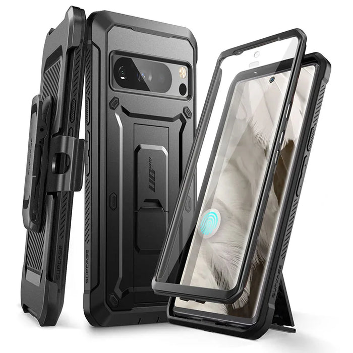 For Google Pixel 8 Pro Ub Pro Full-Body Rugged Belt-Clip & Kickstand Case With Built-In Screen Protector