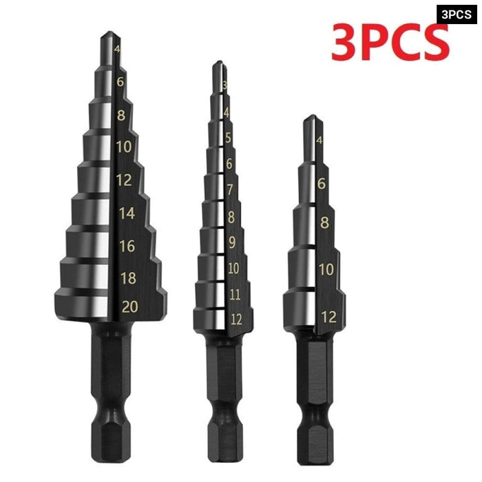 3PCS Hss Steel Titanium Coated Step Drill Bits 3 12mm 4 12mm 4 20mm Step Cone Cutting Tools Steel Wood Metal Drilling Power Set