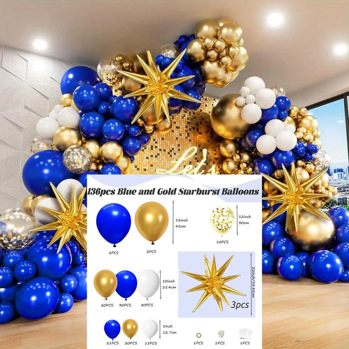 136Pcs Royal Blue And Gold Balloon Arched Flower Ring Set For Anniversary Wedding New Year'S Birthday Party Decoration
