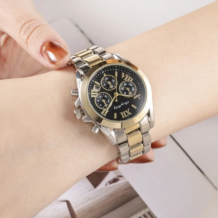 Mens & Womens 4Pcs Quartz Steel Couple Watch Set With Bracelet & Necklace