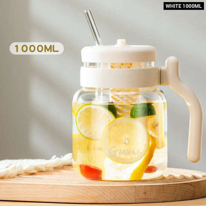 1000ml Glass Tumbler With Lid Straw And Handle