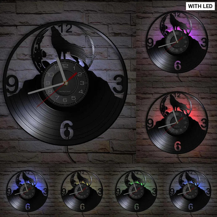 Full Moon Howling Wolf Vinyl Record Wall Clock