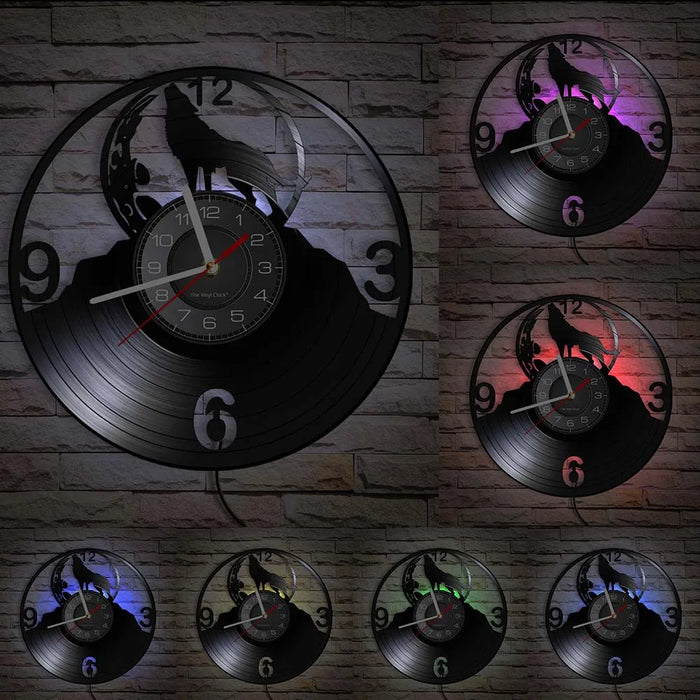 Full Moon Howling Wolf Vinyl Record Wall Clock