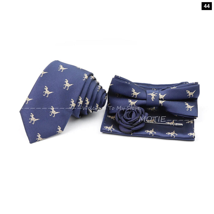 Cartoon Insect Tie Set Blue Bowtie Handkerchief Necktie For Men Business Party Casual Wear Gift