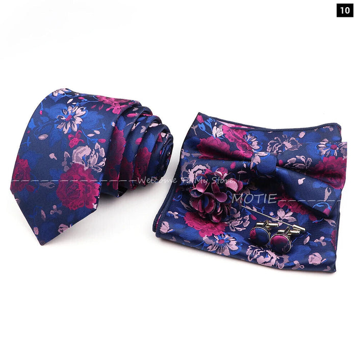 Graceful Floral Tie Set Purple Blue Pocket Square