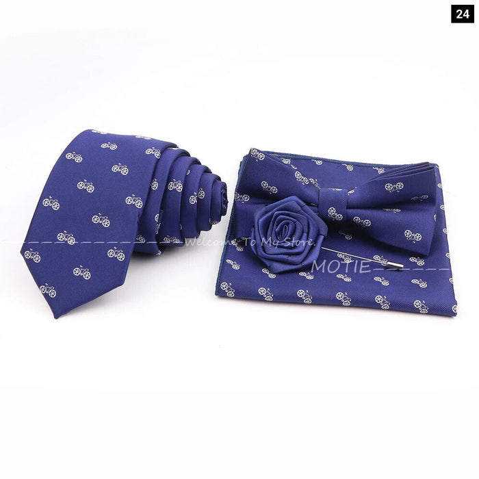 Cartoon Insect Tie Set Blue Bowtie Handkerchief Necktie For Men Business Party Casual Wear Gift