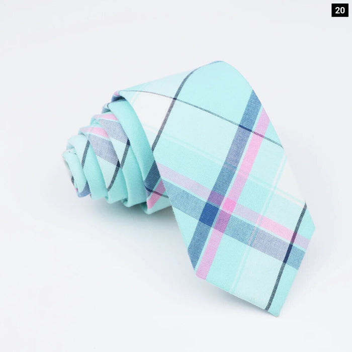 Mens Soft Cotton Striped Plaid Tie Blue Pink Business Wedding Accessory