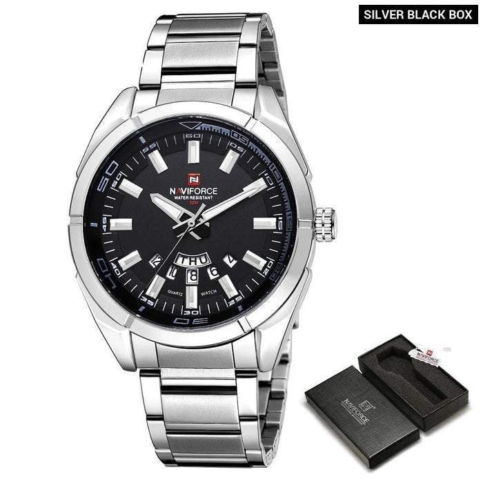 Men's Stainless Steel Band Analog Week Calendar Display Quartz 3ATM 30M Water Resistant Wristwatch