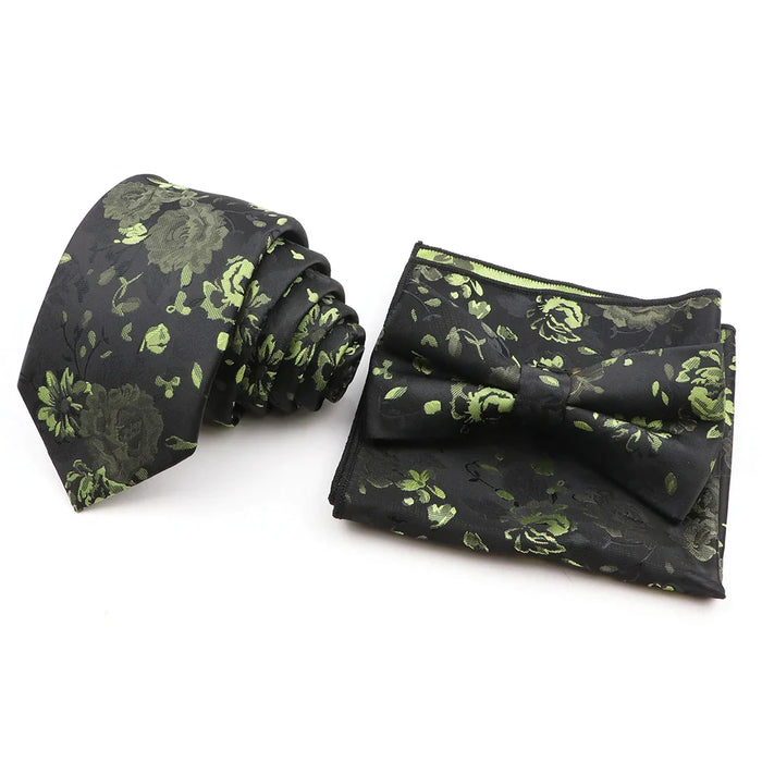 Green Floral Tie Set Classic Design Polyester For Weddings And Parties