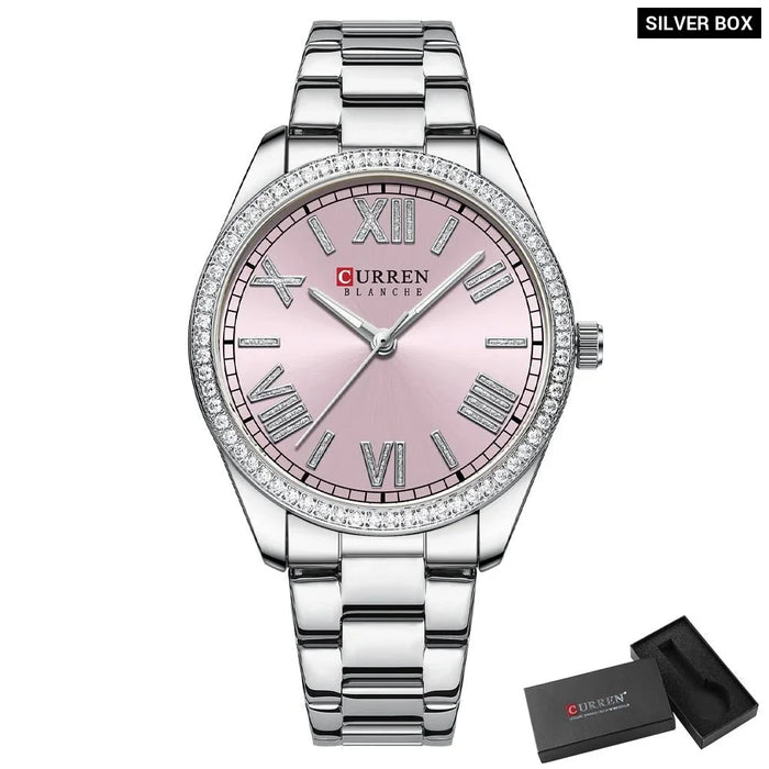 Stainless Steel Rhinestones Roman Numeral Dial Ladies Wristwatches