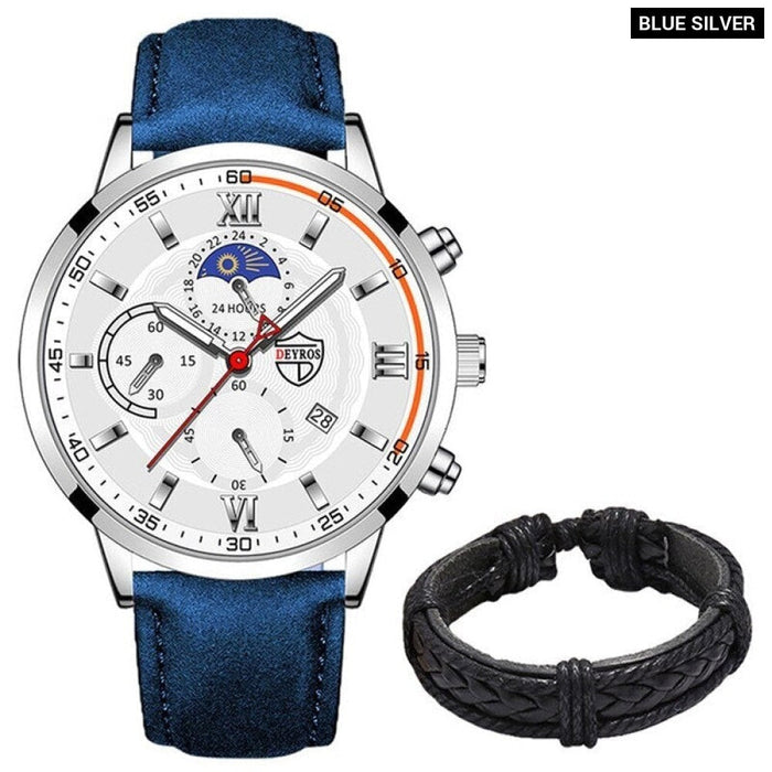 2PCS Set Fashion Mens Sports Watches Man Business Leather Bracelet Quartz Watch Luxury Men Casual Luminous Clock