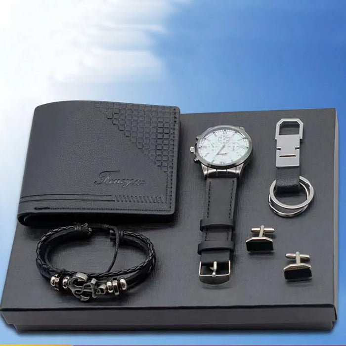 Mens Quartz Wrist Watch Brown Black Leather Wallet Keychain Cufflinks Bracelet 5Pcs Set