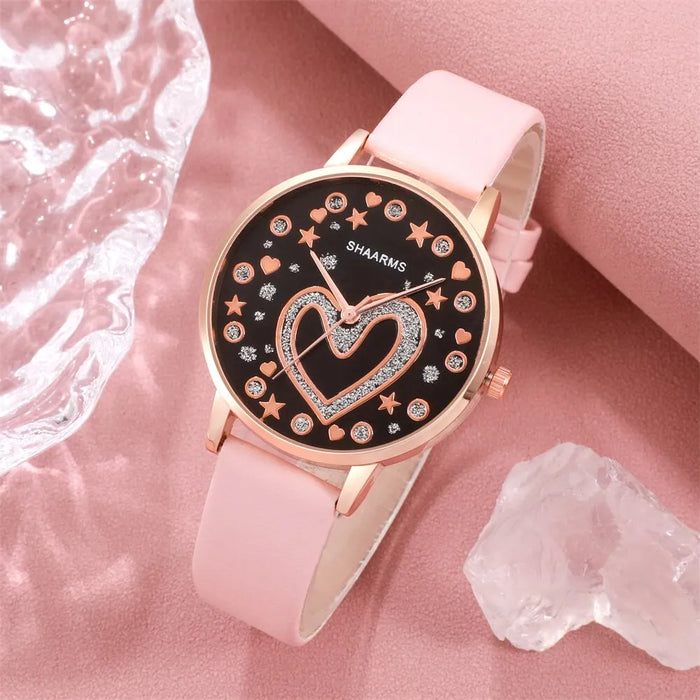 6Pcs Set Women Love Dial Watch Brand Design Female Clock Pink Leather Band Ladies Watches Simple Casual Quartz Wristwatches