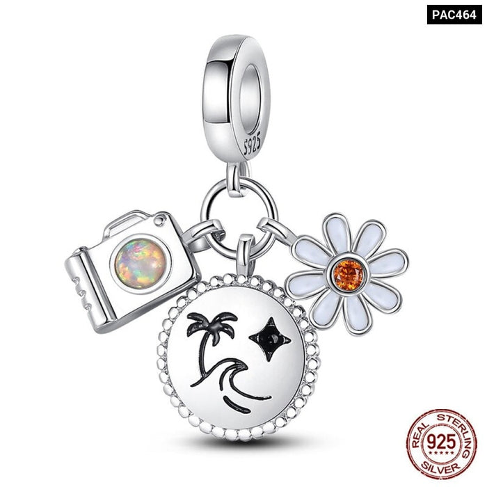 925 Silver Camera Coffee Cup Flower Charms Beads Fit Pandora Bracelet DIY Jewelry Making For Women