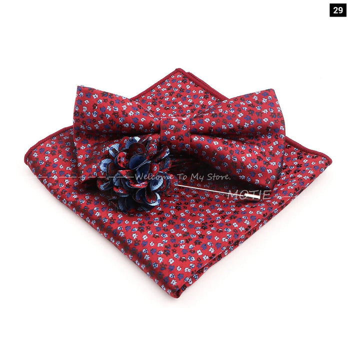 Blue Floral Pocket Square Set Bowtie Cufflink Brooch For Weddings