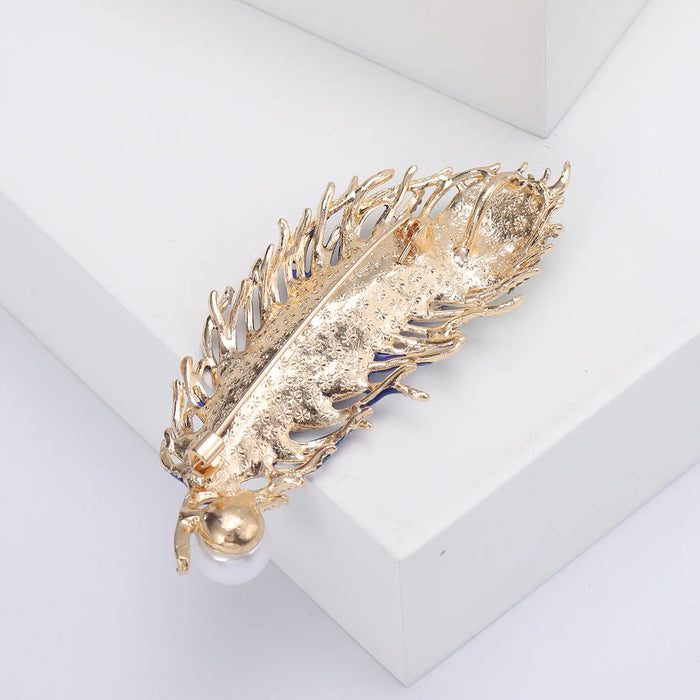 Feather Luxury Brooch For Women Shiny Enamel Pin With Pearled For Party Clothing